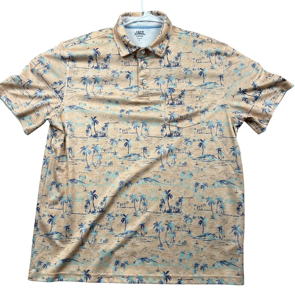 IZOD Saltwater Polo Shirt Men L Peach Tropical Palm‎ Tree Print Short Sleeve